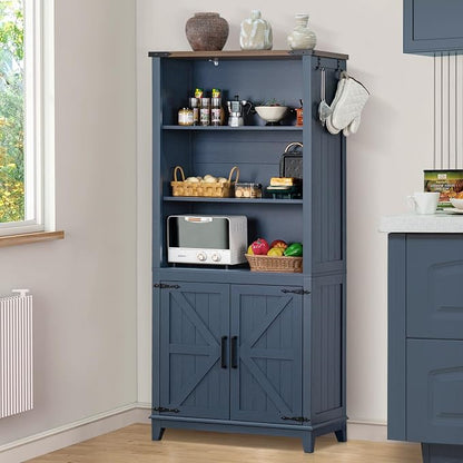 Joaxswe 5 Tier Bookshelf 70in Tall Bookcase with Barn Doors and Storage Cabinet, Blue Farmhouse Book Shelf with Adjustable Shelves, Wood Freestanding Display Bookshelves for Bedroom, Kitchen (3PCS)