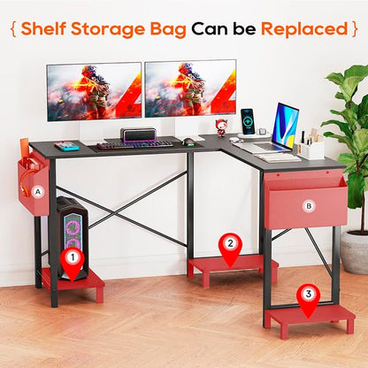 FDW 50 Inch L-Shaped Desk,Gaming Desk Computer Desk with Side Storage Bag & CPU Stand,Corner Desk for Home Office,Bedroom,Writing & Gaming,Black