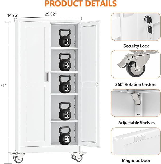 pozdeg 71" Metal Garage Storage Cabinets with Wheels, Lockable Rolling File Cabinets with 2 Doors and 4 Adjustable Shelves, Steel Tool Organizer Locker for Office Home Garage Gym School, White