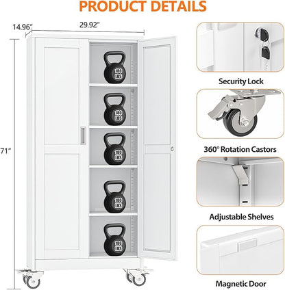 pozdeg 71" Metal Garage Storage Cabinets with Wheels, Lockable Rolling File Cabinets with 2 Doors and 4 Adjustable Shelves, Steel Tool Organizer Locker for Office Home Garage Gym School, White