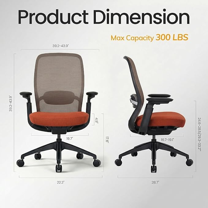 COLAMY Aether Executive Office Chair for Long Hours, One-Touch Easy Adjust Managerial Desk Chair with Levitating Seat Cushion & Pilot-Level Sync Armrests, 300 LBS Mid Back Mesh Computer Chair,Orange