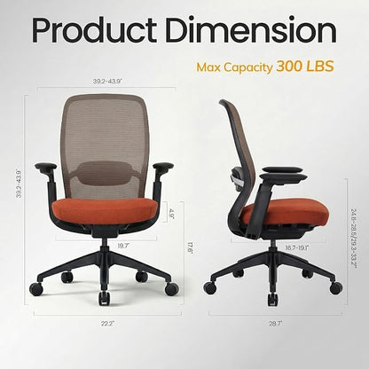 COLAMY Aether Executive Office Chair for Long Hours, One-Touch Easy Adjust Managerial Desk Chair with Levitating Seat Cushion & Pilot-Level Sync Armrests, 300 LBS Mid Back Mesh Computer Chair,Orange