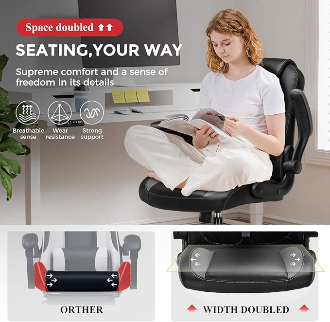 GTPLAYER Office Computer Gaming Chair Ergonomic Desk Chair for Adults with Lumbar Support Flip-Up Arms Adjustable Height Swivel Wheels PU Leather Executive Design for Short People Use, Gray