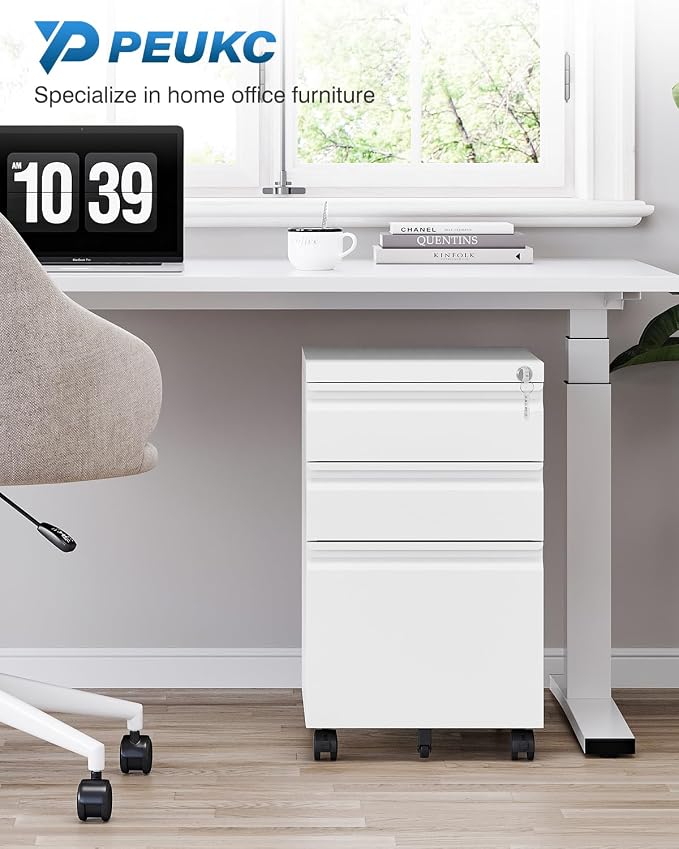 PEUKC 3 Drawer Metal Under Desk Rolling File Cabinet, Lockable, Fits Letter/Legal/A4 Size, White, Home Office