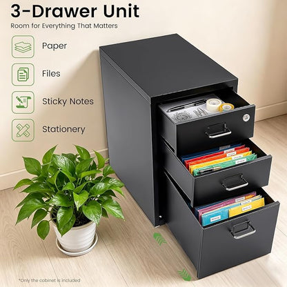 3-Drawer File Cabinet with Lock, Metal Mobile Filing Cabinet Vertical Storage Under Desk for Home Office Fits Legal Letter Document