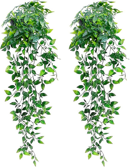 LOYWREE 2 Pack Artificial Hanging Mandala Plant with Pot Faux Plants Indoor Fake Small Potted Plant 28.7-in Long Faux Vine Shelf Decor Ideal for Indoor Outdoor Home Office Decoration (Black Pot)