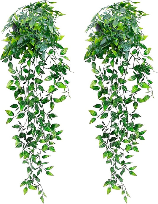 LOYWREE 2 Pack Artificial Hanging Mandala Plant with Pot Faux Plants Indoor Fake Small Potted Plant 28.7-in Long Faux Vine Shelf Decor Ideal for Indoor Outdoor Home Office Decoration (Black Pot)