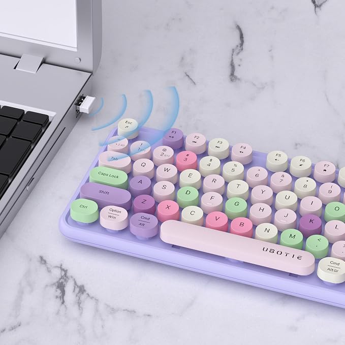 UBOTIE Dual Mode Colorful Wireless Keyboard, Bluetooth and USB Receiver Retro Typewriter Round Keycaps Keyboard Support Multi Devices for PC Laptop Tablet Phones(Purple Colorful)