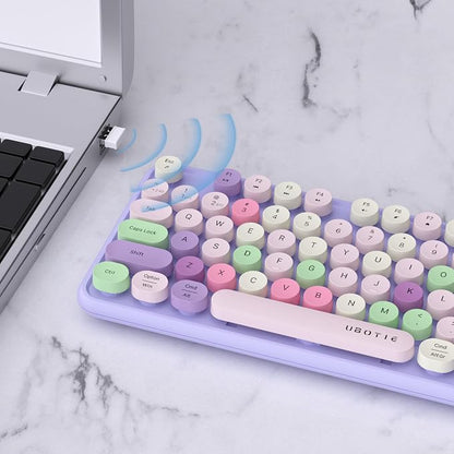 UBOTIE Dual Mode Colorful Wireless Keyboard, Bluetooth and USB Receiver Retro Typewriter Round Keycaps Keyboard Support Multi Devices for PC Laptop Tablet Phones(Purple Colorful)