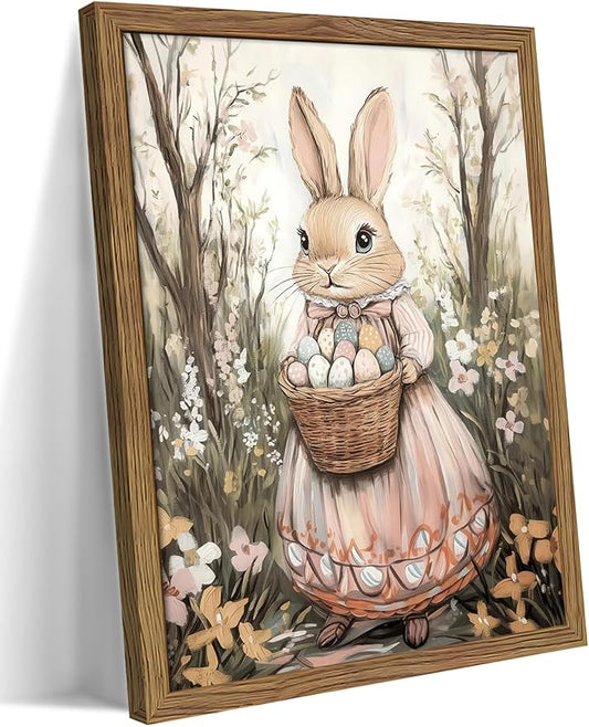 Framed Easter Bunny Canvas Wall Art, Rabbit & Egg Basket Poster Prints, Farmhouse Style Holiday Wall Decor, Vintage Rustic Home Artwork for Kids Room Bedroom Living Room 12x16 inch