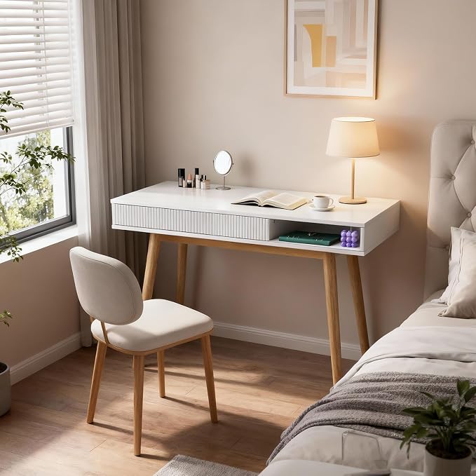 Artswish White Desk with Drawer for Small Spaces, Mid Century Modern Writing Desk with Storage Cubby & Cable Management Hole, Home Office Computer Desk for Bedroom, Apartment, Study Room