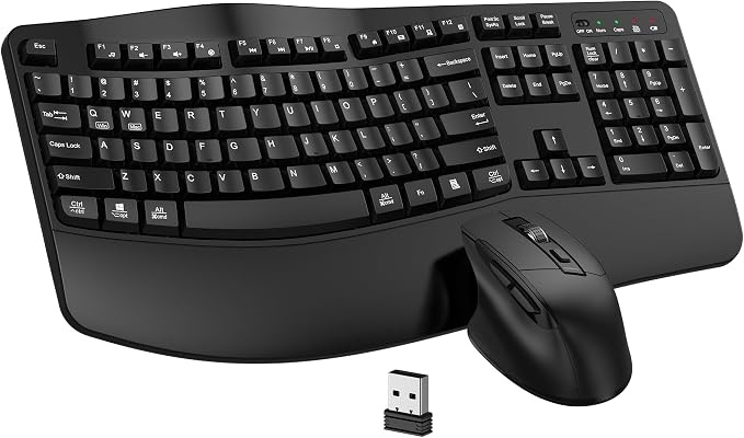 Wireless Keyboard and Mouse Combo, Ergonomic Wave Keys (Black) | 2.4G Full Size Wave Keyboard with Wrist Rest, 3-Level DPI Adjustable Ergonomic Mouse for Windows and Mac OS Desktop/Laptop/PC