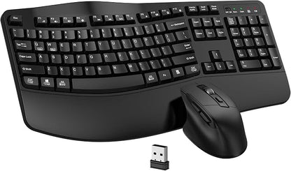 Wireless Keyboard and Mouse Combo, Ergonomic Wave Keys (Black) | 2.4G Full Size Wave Keyboard with Wrist Rest, 3-Level DPI Adjustable Ergonomic Mouse for Windows and Mac OS Desktop/Laptop/PC