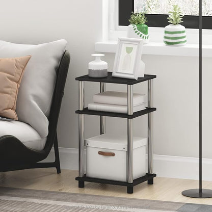 Furinno JUST Side Table Set of 2, 3-Tier Modern End Tables, Open Shelves Night Stand, Nightstand Set, Toolless Assembly, for Living Room, Bedroom, Americano/Stainless Steel