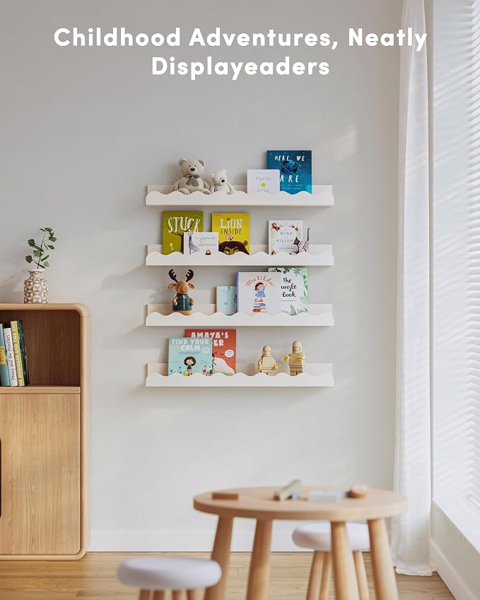 Seocry Kids' Bookshelf Set of 4 - White Floating Nursery Book Shelves, Picture Ledge Shelf for Wall Decor and Storage - Perfect for Books, Toys, Photo Frames, and Nursery Décor
