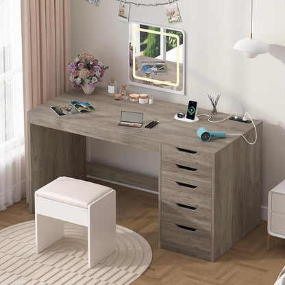 YOMILUVE 47 Inch Computer Desk with 5 Drawers and Power Outlets, Home Office Desks with Storage File Cabinet, Modern Simple Laptop Desk Writing Table for Small Spaces, Grey