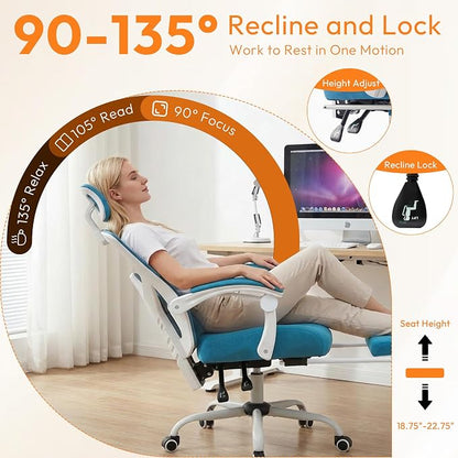 Ergonomic Desk Chair, High Back Office Chair with Wheels and Arms, Computer Chair with Footrest, Swivel Reclining Gaming Chair with Headrest, Comfy Armrest for Home, Office, Work, Study, Blue