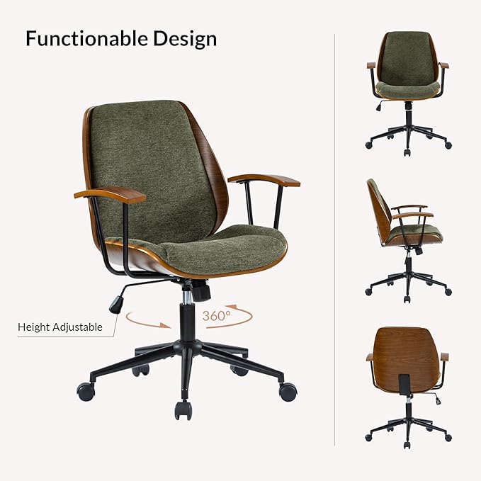 Modern Ergonomic Office Chair with Wood Frame & Metal Base, Swivel Home Office Desk Chairs with Adjustable Height, Comfy Upholstered Computer Chair, Green
