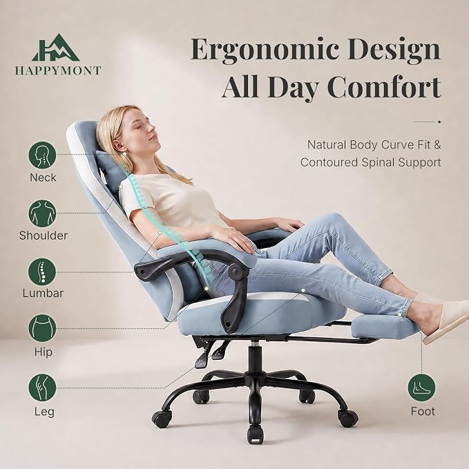 Computer Gaming Chair - High Back Ergonomic Desk Chair with Footrest and Lumbar Support, Height Adjustable Task Chair with Linkage Armrests and Headrest, 360° Swivel Wheels, Blue