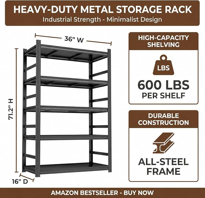 5 Tier Metal Bookshelf, Adjustable Tall Bookcase, Heavy Duty 3000 LBS Modern Deep Book Shelf, Bolt-Free Storage Shelves for Living Room, Home Office, Garage, 36" Wx 16" Dx 71.2" H