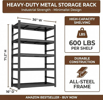 5 Tier Metal Bookshelf, Adjustable Tall Bookcase, Heavy Duty 3000 LBS Modern Deep Book Shelf, Bolt-Free Storage Shelves for Living Room, Home Office, Garage, 36" Wx 16" Dx 71.2" H