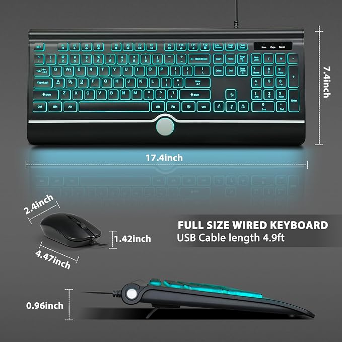 Wired Keyboard and Mouse Combo, Backlit Computer Keyboards with Wrist Rest, Light Up Keyboard Easy to See, 7-Color Backlit Keyboard and Optical Mouse for Windows, PC, Laptop, USB Plug and Play