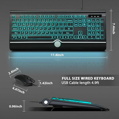 Wired Keyboard and Mouse Combo, Backlit Computer Keyboards with Wrist Rest, Light Up Keyboard Easy to See, 7-Color Backlit Keyboard and Optical Mouse for Windows, PC, Laptop, USB Plug and Play