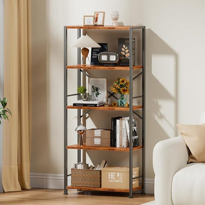 Furologee 5 Tier Book Shelf, Tall Wide Bookshelf, Industrial Open Bookcase, Display Shelves Storage Organizer, Shelving Unit for Living Room, Home Office, Bedroom, Rustic Brown