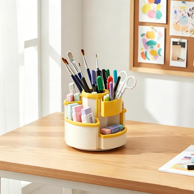 Saikv Pencil Holder Ratating Pen Organizer for Desktop Accessories Stationary Organizer (White & Yellow)