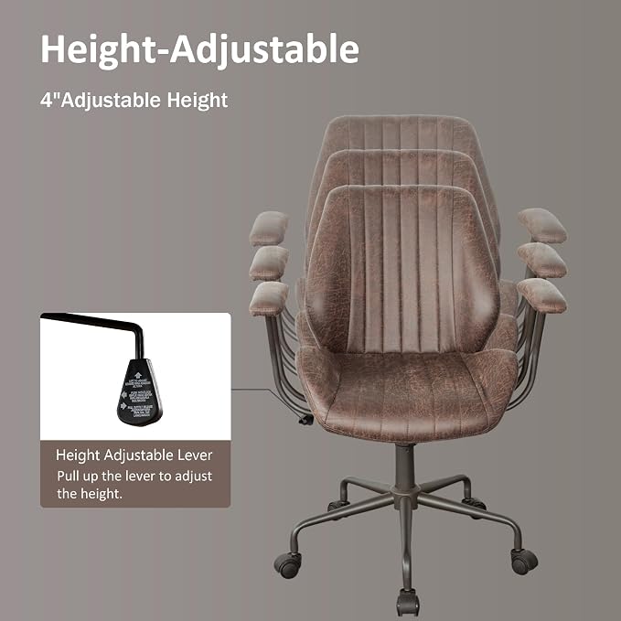 Mid Back Home Office Chair, Mid Century Modern Leather Computer Desk Chair, Comfy Executive Rolling Swivel Task Chair with Wheels Armrest Height Adjustable,Dark Brown