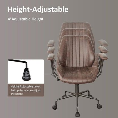 Mid Back Home Office Chair, Mid Century Modern Leather Computer Desk Chair, Comfy Executive Rolling Swivel Task Chair with Wheels Armrest Height Adjustable,Dark Brown