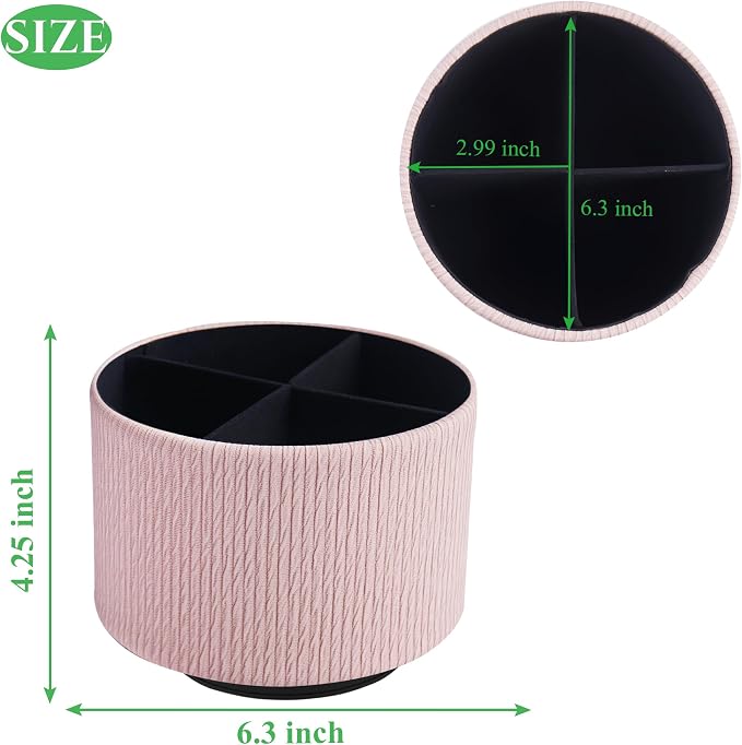 Round Leather Art Supply Organizer,Remote Control Holder,360 Degree Spinning,Multi-Functional Pencil Holder,4 Compartments Desktop Stationary Organizer(1-Wood Pink2)
