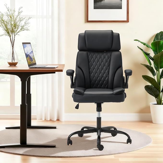 ECOTOUGE Executive Office Chair, Ergonomic Big and Tall Desk Chair with Adjustable Headrest,High PU Leather Comfy Heavy Duty Computer Chair with Padded Flip-up Arm, Black