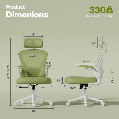 SeekFancy Ergonomic Office Chair M903, Computer Desk Chair | High Back Mesh Office Chair with Adjustable Lumbar Support, Headrest, Flip-Up Armrests, Wheels, 330LBS Capacity, Green