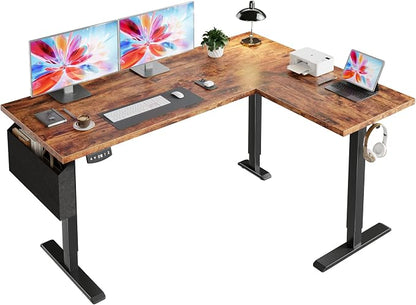 Korfile 63” L Shaped Electric Standing Desk, Height Adjustable Computer Desk with LED Screen & Memory Presets, Ergonomic Sit to Stand Desk with Headphone Hook for Home, Office and Workstation, Brown