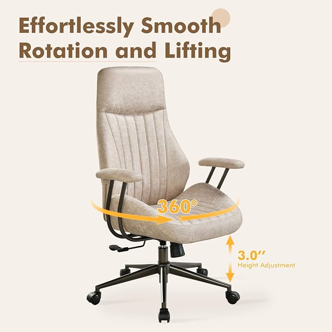 High Back Home Office Chair,Mid Century Modren Ergonomic Executive Chair,Lumbar Support Swivel Task Chair with Wheels,Computer Desk Chair Suede Fabric,350LBS (Beige)