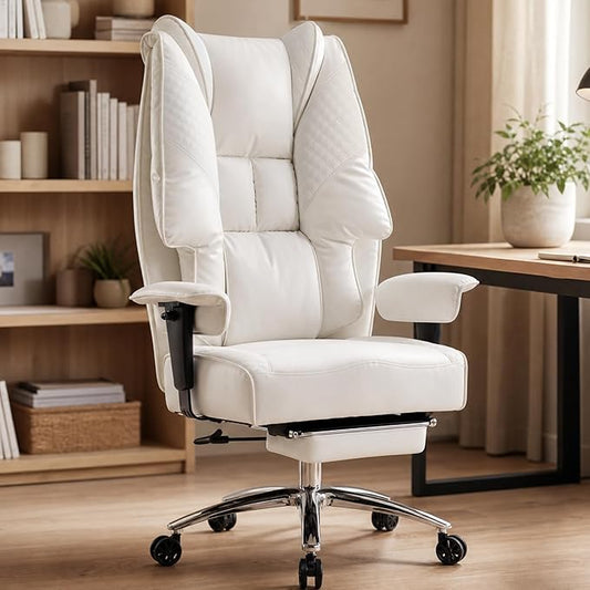 EXCEBET Big and Tall Office Chair 400lbs Wide Seat, Leather High Back Executive Office Chairs with Foot Rest, Ergonomic Lumbar Support for Lower Back Pain Relief (White)