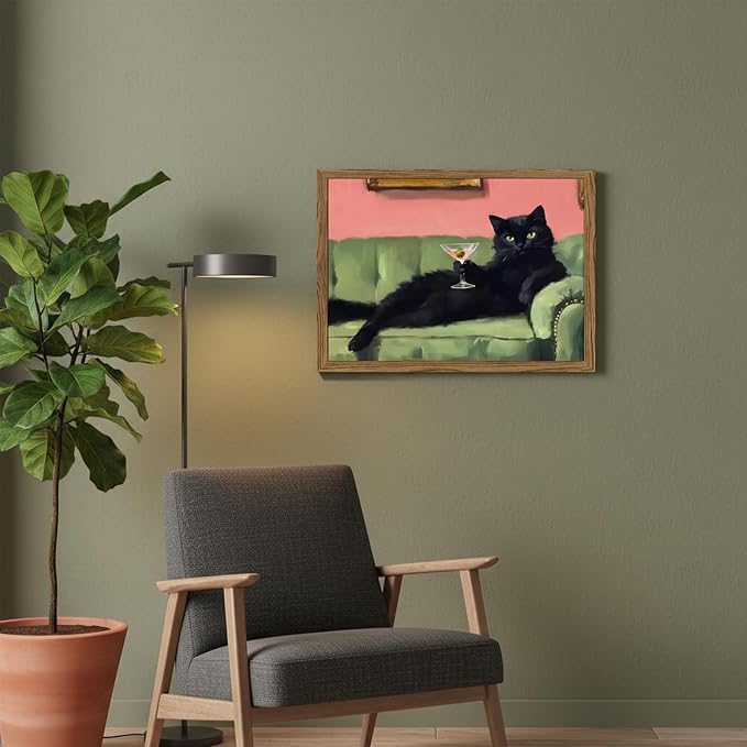 Black Cat Wall Art 12x16 Inch Funny Martini Cat Canvas Painting, Whimsical Cocktail Bar Wall Decor, Vintage Animal Artwork for Bar Cart, Kitchen, Living Room, Wood Framed