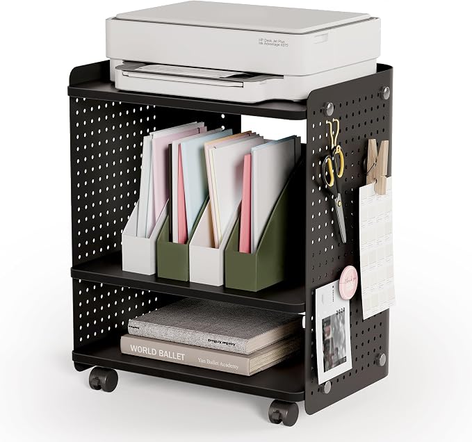 Fenge 3D Printer Stand, Heavy Duty Pegboard Storage Organizer with Adjustable Shelf, 22x18 Inch Rolling Printer Cart with Wheels, 3 Tier Home Office Stand