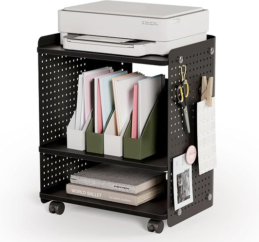 Fenge 3D Printer Stand, Heavy Duty Pegboard Storage Organizer with Adjustable Shelf, 22x18 Inch Rolling Printer Cart with Wheels, 3 Tier Home Office Stand
