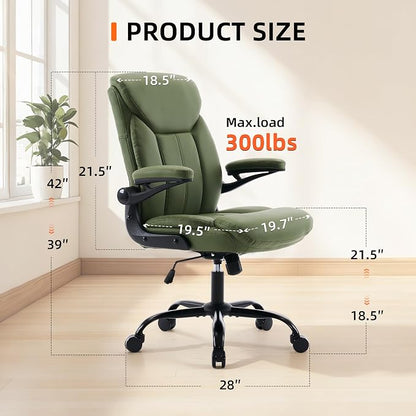 Home Office Ergonomic Desk Chair - Comfy Leather Executive Chair with Flip-Up Armrests, Height Adjustable Computer Chair for Gaming, 360° Swivel & Rocking (Green)