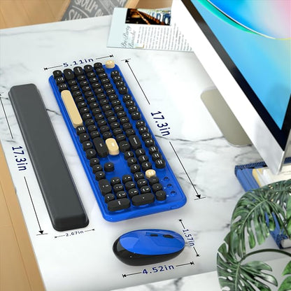 Colorful Wireless Keyboard and Mouse Combo, Retro Typewriter Style Round Keys, 2.4GHz Ergonomic Aesthetic Computer Keyboard with Wrist Rest for Mac, Windows, Laptop, PC(Klein Blue)