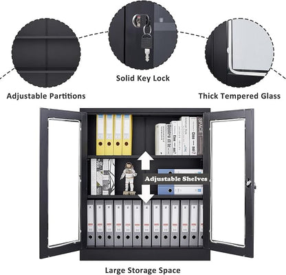 SISESOL Black Metal Storage Cabinet with Doors and Shelves,36 inch Locking Display Cabinet with Acrylic Doors,Office Cabinets with Lock,Sideboard Cabinets for Home Office,Living/Dining/Utility Room,