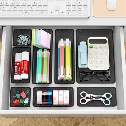 ElegantArray 12-Piece Drawer Organizer Set, 4 Sizes Versatile Plastic Vanity Organizer for Makeup, Stationery, Gadgets, in Kitchen, Bathroom, Office, and Bedroom, Black
