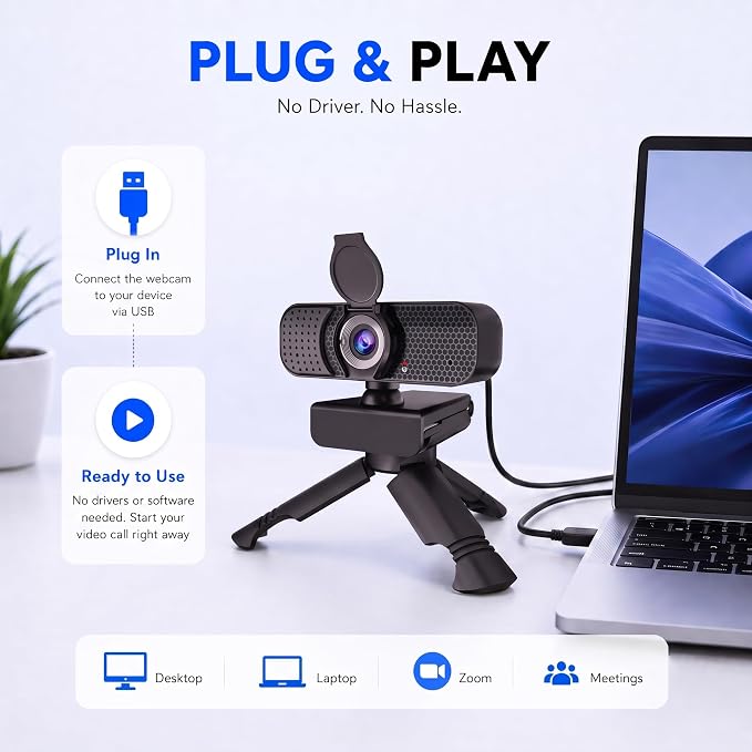 C26 1080P Webcam with Microphone, USB Computer Camera with Privacy Cover, Noise Reducing Mic, Auto Light Correction, 105° Wide Angle, Plug&Play for PC Mac Laptop Zoom Teams Streaming