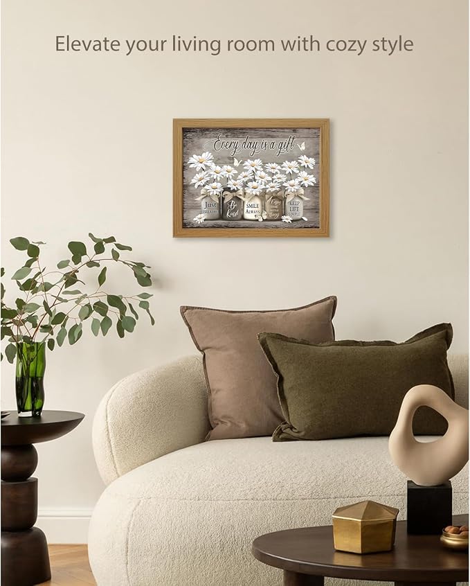 CXQILVER Framed Rustic Farmhouse Bathroom Wall Art, Vintage Daisy Flower and Butterfly Canvas Wall Decor, Inspirational Quote Country Floral Painting Poster for Bathroom Restroom Bedroom 8x10 Inch