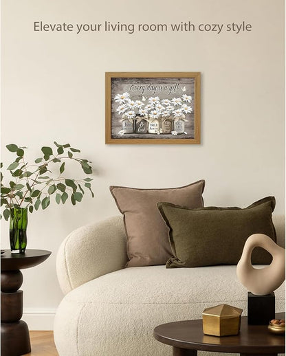 CXQILVER Framed Rustic Farmhouse Bathroom Wall Art, Vintage Daisy Flower and Butterfly Canvas Wall Decor, Inspirational Quote Country Floral Painting Poster for Bathroom Restroom Bedroom 8x10 Inch