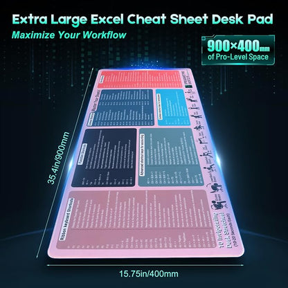 Excel Cheat Sheet Mouse Pad, XXL Non-Slip Desk Mat with Excel Shortcuts, Office Desk Pad for Spreadsheet Users, Accountants, Students & Home Office, Candy Pink