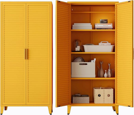 61" Tall Metal Pantry Cabinet with Lock and 3 Adjustable Shelves,Freestanding Heavy Duty Steel Storage Locker,Yellow Metal Cabinets for Kitchen,Living Room,Home 61" H X 27.6" W X 13.8" D