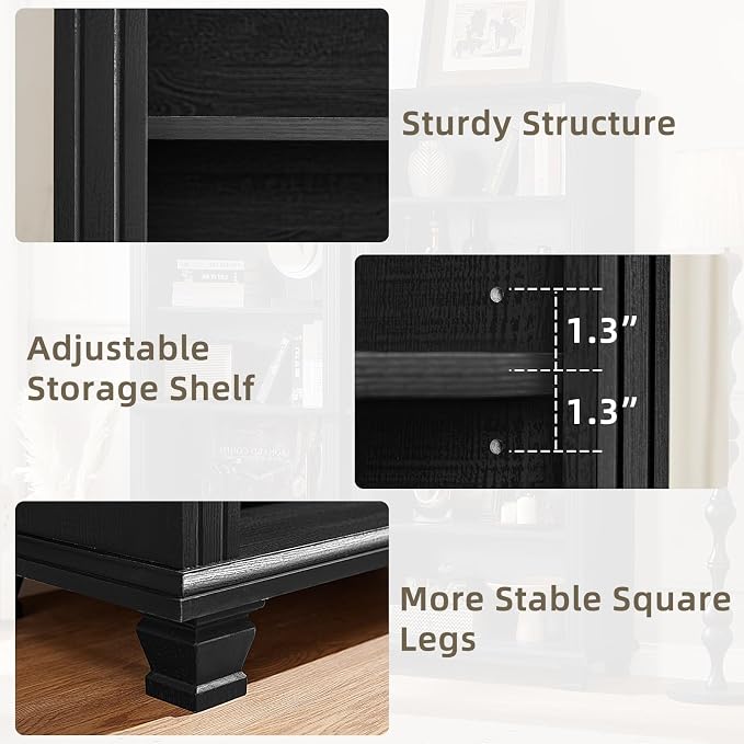 SAVOR LIFE 70" Tall Black Bookshelf,5 Tier Wooden Book Shelf with Adjustable Shelves & Wood Legs,Free Standing Farmhouse Bookcase with Open Display Storage,Vintage Bookshelves for Living Room, 3PCS